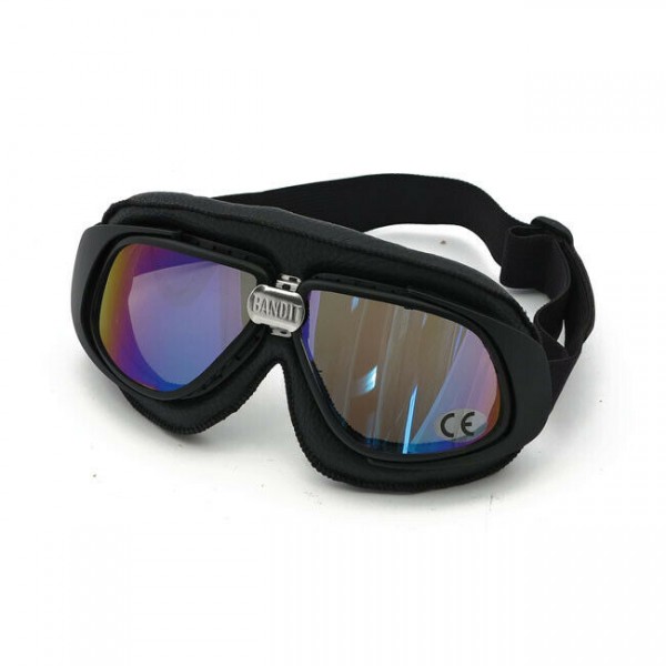 Bandit Classic Goggle, blaue Linse, Motorradbrille, Leder, black, für Jethelme