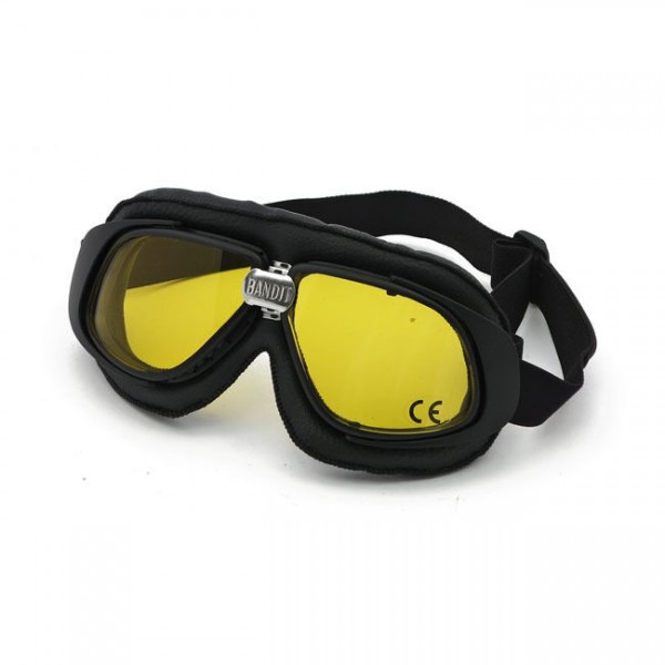 Bandit Classic Goggle, gelbe Linse, Motorradbrille, Leder, black, für Jethelme