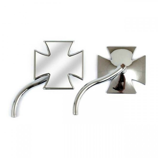 1 Paar Spiegel Malteser Kreuz, gebogener Schaft, Chrom, für Harley-Davidson