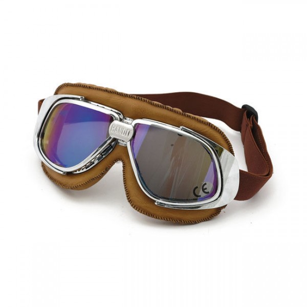 Bandit Classic Goggle, blaue Linse, Motorradbrille, Leder, braun, für Jethelme